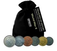 IMPACTO COLECCIONABLES | Tercer Reich Colección de 6 Monedas Auténticas de la Segunda Guerra Mundial - Lote Histórico Original en Bolsa de Terciopelo con Certificado de Autenticidad.