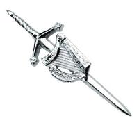 Imperdible de acabado cromado de arpa celta y espada irlandesa y escocesa