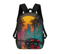 Impresión 3D Neon Cityscape with Retro Car -2 Mochilas Escolares Para Niños De 17 Pulgadas, Mochilas Para Libros Para Niños, Mochila De Gran Capacidad, Mochila De Viaje, Mochilas De Uso Diario