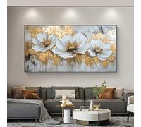 Impresión artística abstracta de flores doradas en lienzo, flores blancas y arte de pared dorado, pintura floral, póster decorativo para pared del hogar (65 x 135 cm/26 x 53 pulgadas/sin marco)