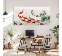 Impresión artística abstracta en lienzo con peces koi y flores de loto, decoración de pared moderna para el hogar, sala de estar, oficina (55 x 110 cm)