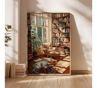 Impresión artística de acogedora sala de lectura, póster de biblioteca impresionista, arte de pared para amantes de los libros, decoración cálida para el hogar, pintura rústica de estudio (60 x 80 cm