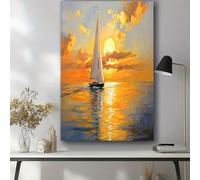 Impresión artística de lienzo para pared, hermoso atardecer, velero, pintura, arte de pared, imagen para oficina, dormitorio, sala de estar, decoración del hogar (70x100cm/28x40in/marco interior)