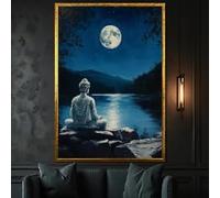 Impresión artística de meditación de Buda a la luz de la luna, decoración de pared con escena de lago nocturno tranquilo, imágenes zen para una decoración del hogar tranquila (80 x 110 cm/sin marco)