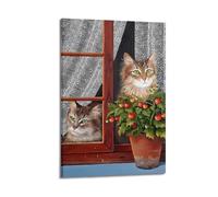 Impresión artística de pared con ventana falsa, hay un lindo gatito en el alféizar de la ventana, flores hacen que la imagen sea más cómoda, póster de lienzo de estilo único, póster de lienzo para