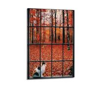Impresión artística de pared con ventana falsa, hay un lindo gatito en el alféizar de la ventana, flores hacen que la imagen sea más cómoda, póster de lienzo de estilo único, póster de lienzo para