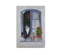Impresión artística de pared con ventana falsa, hay un lindo gatito en el alféizar de la ventana, flores hacen que la imagen sea más cómoda, póster de lienzo de estilo único, póster de lienzo para