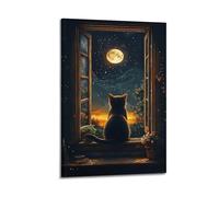 Impresión artística de pared con ventana falsa, hay un lindo gatito en el alféizar de la ventana, flores hacen que la imagen sea más cómoda, póster de lienzo de estilo único, póster de lienzo para