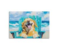 Impresión artística de pared de mascota de verano costero, Happy Golden Retriever relajándose en la playa, paisaje del océano, póster elegante decoración de pared para baño, dormitorio, sala de estar