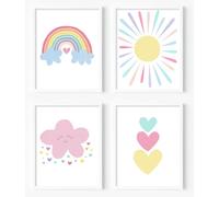 Impresión artística de pared rosa para guardería, lienzo arcoíris pastel, decoración de pared, diseño de nubes rosas, corazones coloridos para decoración de habitación de niños pequeños, juego de 4 (8