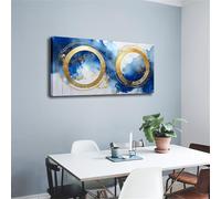 Impresión artística en lienzo con marco grande: círculos dorados abstractos sobre fondo azul y blanco, decoración de pared moderna para dormitorio (75 x 150 cm)