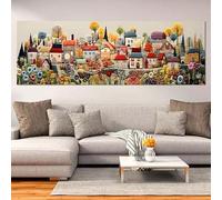Impresión artística en lienzo de "Pueblo de cuento de hadas": decoración de pared moderna en color crema para sala de estar, dormitorio y oficina en casa - Obra giclée 80x240cm/31x94in Sin marco