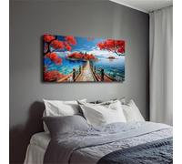 Impresión artística en lienzo grande enmarcada: Puente de madera sereno hacia la isla de la hoja de arce, ideal para oficina, sala de estar, dormitorio, decoración de pared (75 x 145 cm)