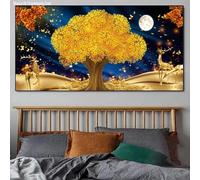Impresión artística en lienzo para pared, elegante árbol de dinero dorado y ciervos, paisaje abstracto para decoración moderna del hogar, 35x65cm(14x26in) con marco