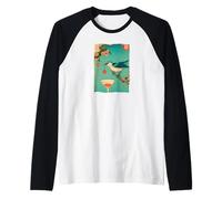 Impresión artística Japonesa de Madera con diseño de pájaro Ukiyo-e Cherry Camiseta Manga Raglan