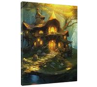 Impresión artística para pared con bosque encantado, sin marco, diseño de cabaña misteriosa, bosque, sol, verde, para decoración de pared, para dormitorio, sala de estar, oficina, vertical