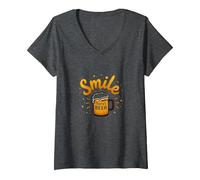 Impresión artística Smile There's Beer: Fun Brew Lovers Camiseta Cuello V, Mujer, Jaspeado Oscuro, XL