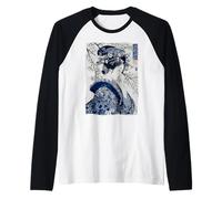 Impresión artística Ukiyo-e con Tinta Azul de Geisha Japonesa Camiseta Manga Raglan