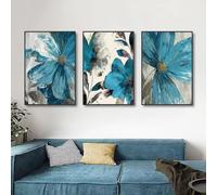 Impresión botánica de vida floreciente, arte de pared, pinturas en lienzo, pintura azul vintage, flores, pósteres para sala de estar, decoración de pared, 75 x 110 cm x 3, sin marco