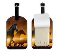 Impresión de caballos negros con nubes rojas brillantes,Etiquetas de equipaje de cuero sintético con nombre, etiquetas de viaje duraderas, 2 unidades