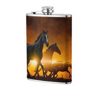Impresión de caballos negros con nubes rojas brillantes,Frasco de acero inoxidable 304 de 8 oz con funda de cuero sintético, frasco de bolsillo para licor plano para exteriores