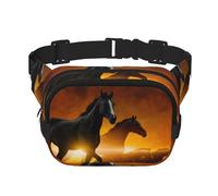 Impresión de Caballos Negros con Nubes Rojas Brillantes,Riñonera Cuadrada de Doble Capa, Bolso de Viaje, Bolso Informal para el Pecho.