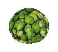 Impresión de coles de Bruselas verdes,Gorro de ducha, gorro de noche, gorro de baño elástico impermeable de doble capa, reutilizable para el cabello.