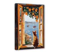 Impresión de Henri Matisse con ventana abierta, pintura de fauvismo con mar Mediterráneo y árbol de naranjas, lienzo de gato lindo para decoración de dormitorio y baño (SKU3,12 x 16 pulgadas = (30 x
