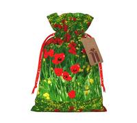 Impresión de paisaje de campo de amapolas rojas de 4.7 x 6.9 pulgadas en bolsa de Navidad con cordón, ideal para adultos para envolver regalos para Navidad Halloween