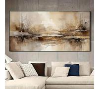 Impresión en lienzo de arte abstracto moderno con líneas de tinta, gran decoración de pared horizontal sin marco, obra de arte de paisaje en tonos tierra para sala de estar (30 x 60 cm, marco negro)