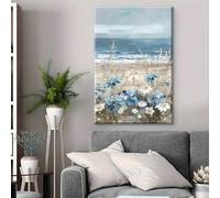 Impresión en lienzo de flores silvestres de playa, arte de pared enmarcado, cuadros florales junto al mar, impresiones de pintura listas para colgar (70 x 125 cm (28 x 49 pulgadas) con marco)