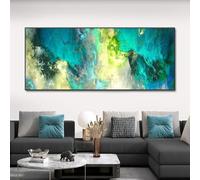 Impresión en lienzo de nube azul claro y verde, pintura al óleo abstracta, imagen de pared independiente para sala de estar, póster de arte moderno (60 x 120 cm)