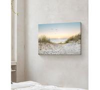 Impresión en lienzo de paisaje marino: playa al atardecer y dunas de arena con aves. Arte mural moderno para sala de estar, dormitorio y oficina (30x45cm/sin marco).
