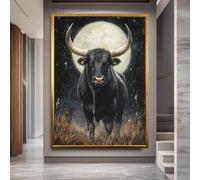Impresión en lienzo de Toro a la luz de la luna, arte mural de animales poderosos, pósteres completos de Toro y Luna negros para decoración rústica o moderna del hogar (70 x 110 cm/sin marco)