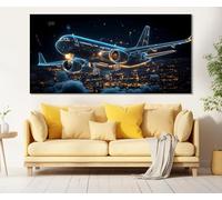 Impresión en lienzo de un avión abstracto sobre una ciudad nocturna, impresión de aeronaves, arte mural de aviación civil, decoración de agencia de viajes de aviación (70 x 140 cm/marco interior)