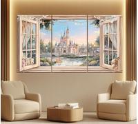 Impresión en lienzo de un castillo de cuento de hadas desde una ventana abierta, arte de pared de princesa, decoración de habitación de niña, impresión de ventana falsa (70 x 100 cm x 3/sin marco)