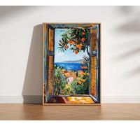 Impresión en lienzo de una pintura con una ventana abierta, estilo Henri Matisse, fauvismo moderno, con un naranjo y un mar, ideal para decorar habitaciones, oficinas y hogares (50x70cm).