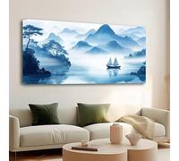 Impresión enmarcada de lienzo para pared: pintura tradicional china en tinta negra, blanca y azul, paisaje, decoración de habitación (25x50cm/10x20in)