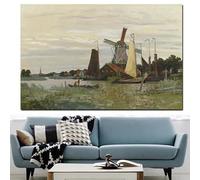 Impresión HD de Claude Monet: Molino de viento en Zaandam, paisaje impresionista, pintura al óleo sobre lienzo, póster para sala de estar (60 x 110 cm/sin marco)