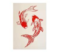 Impresión Póster Grabado Madera Anime Dos Peces Koi, Arte Expositivo de Pared Retro, Cuadros en Tela Manga Viñeta, Láminas de Pared Estilo Edo, Decoración Hogar Salón Dormitorio, Sin Enmarcar