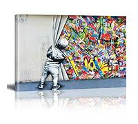 Impresión sobre lienzo Imágenes Banksy Graffiti Behind the Curtain Cuadro de pared Street Pop Art Pintura Arte Moderno Murales XXL Decoración de pared con marco 110 x 60 cm
