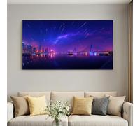 Impresión sobre lienzo moderno, 90 x 60 cm, marco de madera, cartel, decoración de pared, color púrpura, ciudad lluviosa de meteoros, vista nocturna para sala de estar, dormitorio, pasillo y baño