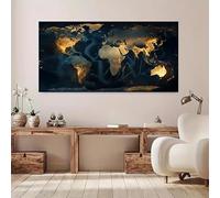 Impresión sobre lienzo: una obra de arte con un mapa del mundo contemporáneo, adornado con detalles dorados sobre un mar azul intenso (55 x 110 cm)