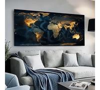 Impresión sobre lienzo: una obra de arte con un mapa del mundo contemporáneo, adornado con detalles dorados sobre un mar azul intenso (50 x 100 cm)