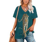 Impresión Tigre Dibujos Animados Camisetas con Cuello En V para Mujer Tallas Grandes Sueltas Camisetas De Manga Corta Impresiones Animales En 3D, Verde Oscuro