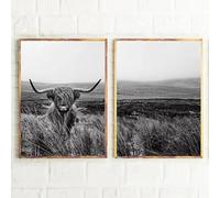 Impresión y póster de vaca de las Tierras Altas arte de pared de animales de granja pintura en lienzo de vaca escocesa imágenes en blanco y negro decoración de cocina de granja 30 x 42 cm/sin marco