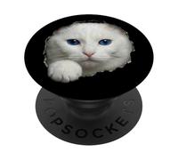 Impresionante Gato Blanco Ojos Azules Mirando a través de PopSockets PopGrip Adhesivo