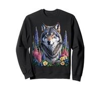 Impresionante lobo en flores silvestres Mujeres que aman lobos Hombres Niños Sudadera
