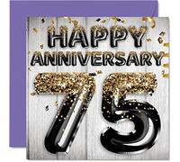Impresionante tarjeta de 75 aniversario para marido, novio, esposa, novia, globos de purpurina negra y dorada, tarjetas de feliz 75 aniversario de la familia, tarjetas de felicitación de aniversario