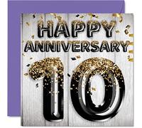 Impresionante tarjeta de aniversario de estaño para marido, novio, esposa, novia, globos negros y dorados con purpurina, tarjetas de feliz décimo aniversario de la familia, tarjetas de felicitación de